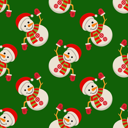 45 x 36 Christmas Waving Snowmen on Green 100% Cotton