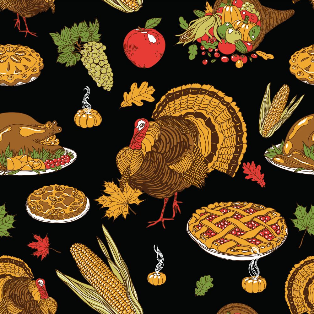 45 x 36 Fall Autumn Thanksgiving Turkey Pie Gourds Corn Pie on Black 100% Cotton Fabric