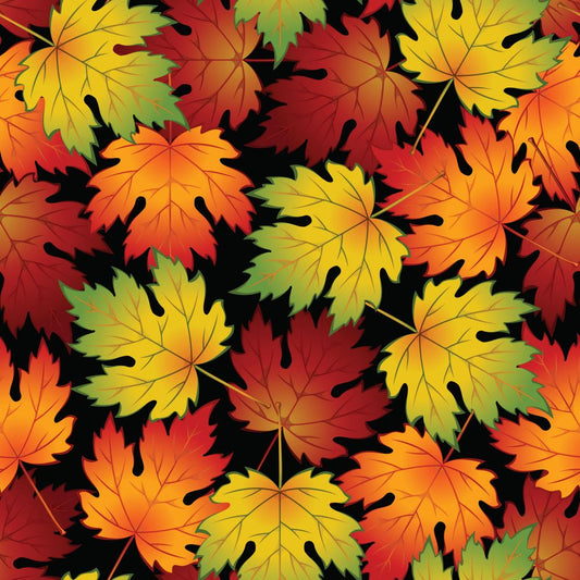 45 x 36 Fall Thanksgiving Falling Autumn Leaves on Black 100% Cotton Fabric