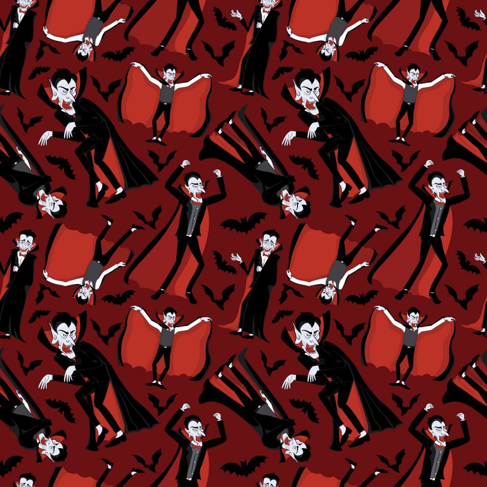 Halloween Dracula Vampire and Bats on Red 100% Cotton Fabric By the yard