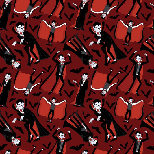 Halloween Dracula Vampire and Bats on Red 100% Cotton Fabric By the yard