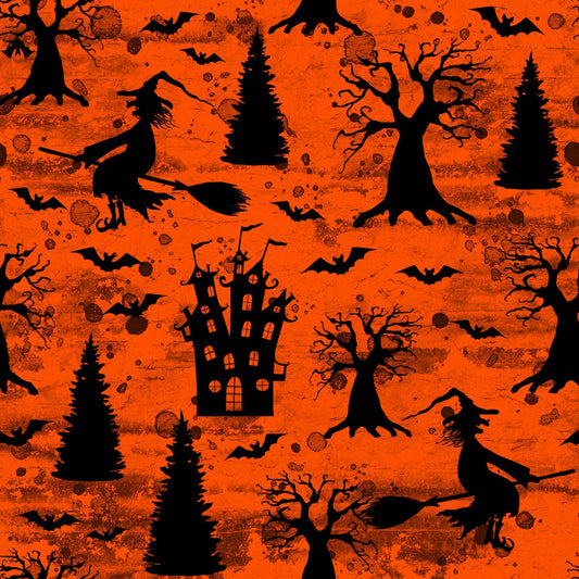 45 x 36 Halloween Flying Witches Bats and Haunted Houses on Red Orange 100% Cotton Fabric