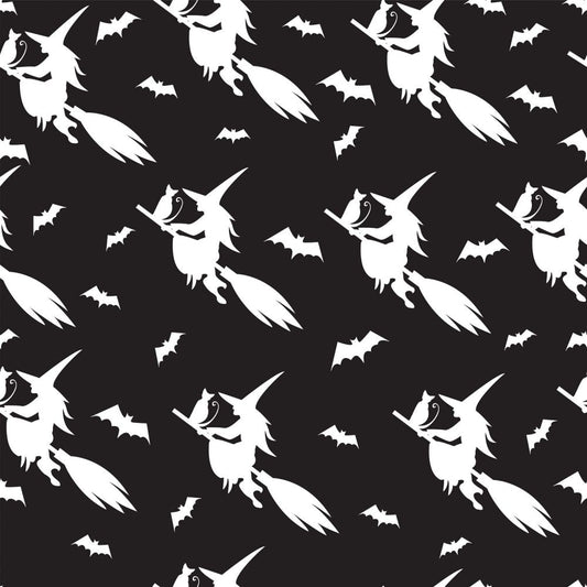 45 x 36 Halloween Flying Witches with Cats and Bats on Black 100% Cotton Fabric