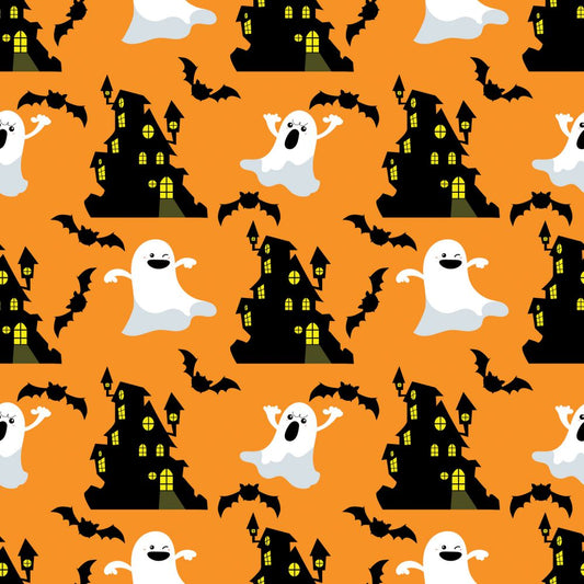 45 x 36 Halloween Ghosts and Haunted House on Orange 100% Cotton Fabric