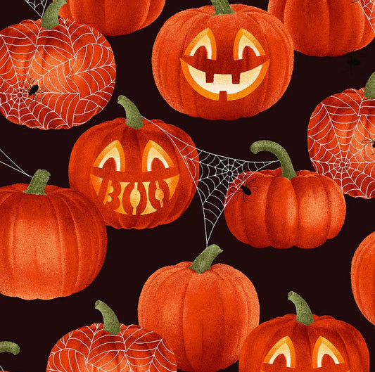 45 x 36 Halloween Glitter Smiling Pumpkins and Spiderwebs on Black 100% Cotton Fabric