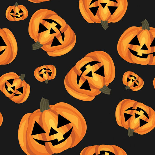 45 x 36 Halloween Happy Pumpkins on Black 100% Cotton Fabric