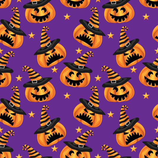 45 x 36 Halloween Mischievous Pumpkins on Purple 100% Cotton Fabric