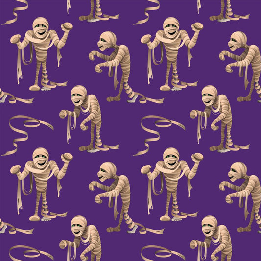 45 x 36 Halloween Mummies on Purple 100% Cotton Fabric