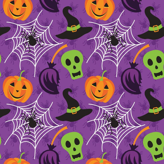 45 x 36 Halloween Pumpkin Skull Spiderweb on Purple 100% Cotton Fabric