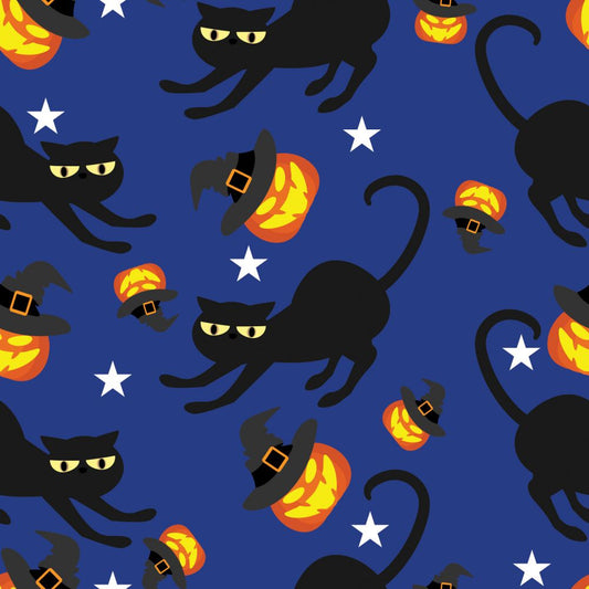 45 x 36 Halloween Spooky Black Cats and Tossed Pumpkins on Blue 100% Cotton Fabric