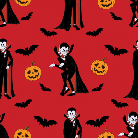 45 x 36 Halloween Vampires Bats and Pumpkins on Red 100% Cotton Fabric