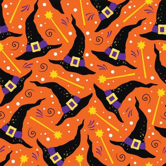 45 x 36 Halloween Witches Hats and Wands on Orange 100% Cotton Fabric