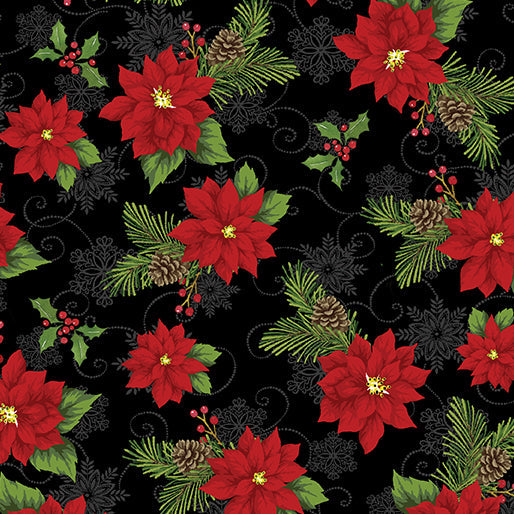 45 x 36 Joyful Poinsettia on Black Benartex 100% Cotton Fabric Christmas