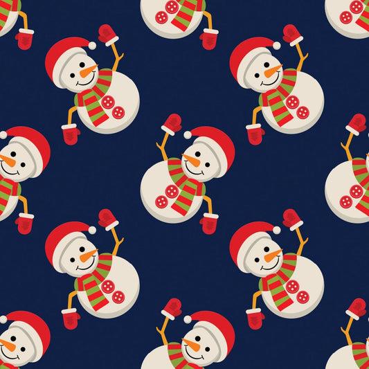 45 x 36 Waving Snowmen on Blue 100% Cotton Christmas