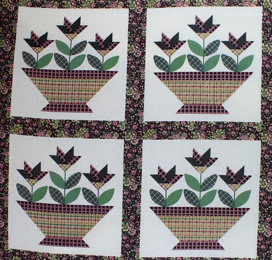 90 x 108 Cheater Quilt Top Flower Baskets Floral Burgundy Green