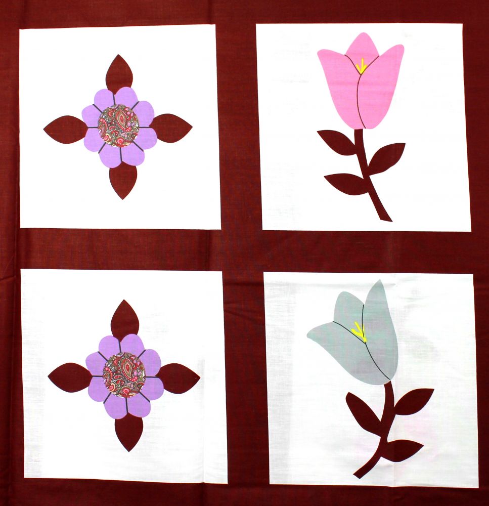 90 x 108 Cheater Quilt Top Spring Flowers Burgundy Squares