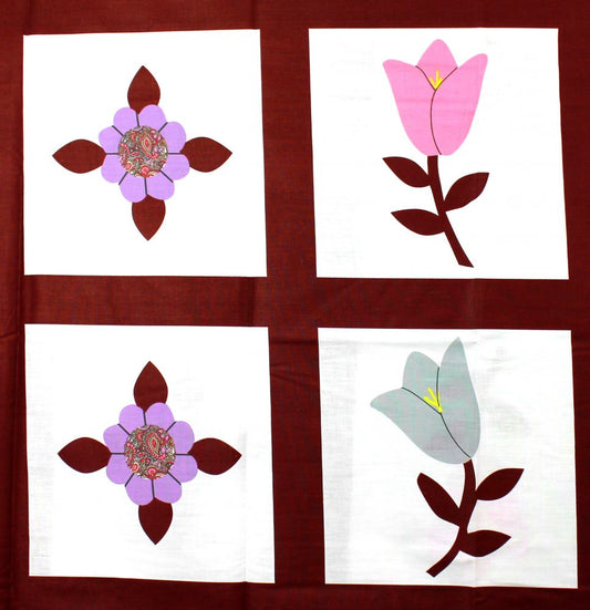 90 x 108 Cheater Quilt Top Spring Flowers Burgundy Squares