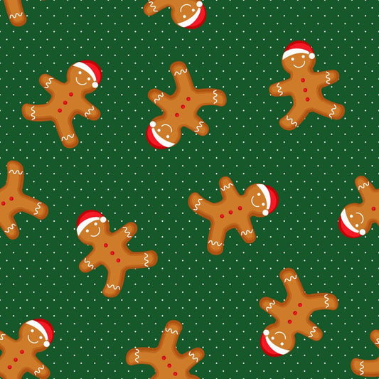 Christmas Fabric Happy Gingerbread Men with Santa Hats on Dotted Green Dots by the yard