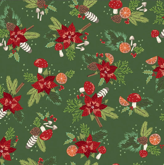 Christmas Poinsettias Mushrooms Green Riley Blake 100% Cotton Price Per Yard