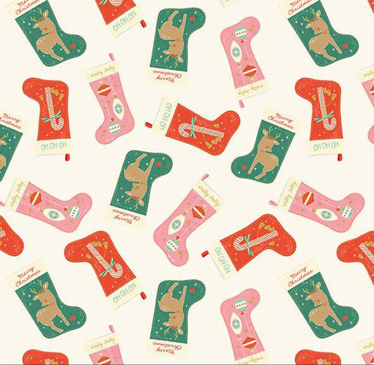 Christmas Tossed Stockings Mint Cream Riley Blake 100% Cotton Price Per Yard