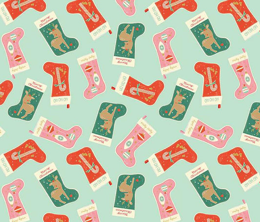 Christmas Tossed Stockings Mint Green Riley Blake 100% Cotton Price Per Yard