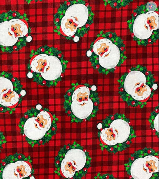 Fabric Traditions Christmas Santas on Red Plaid  100% Cotton Price Per Yard