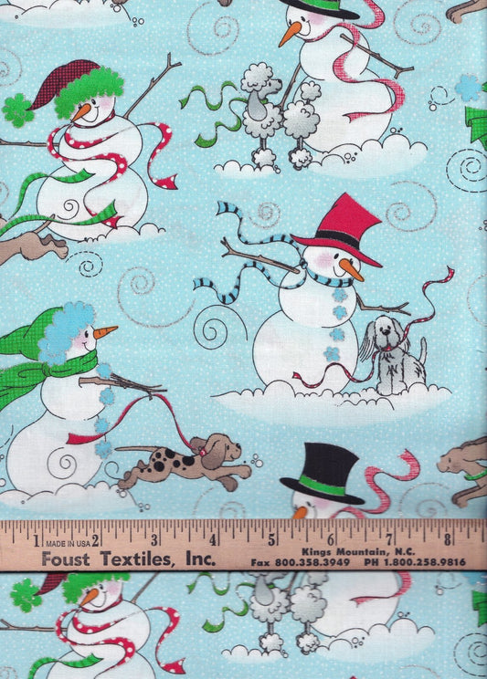 Fabric Traditions Snowman with Dogs Blue Glitter Christmas