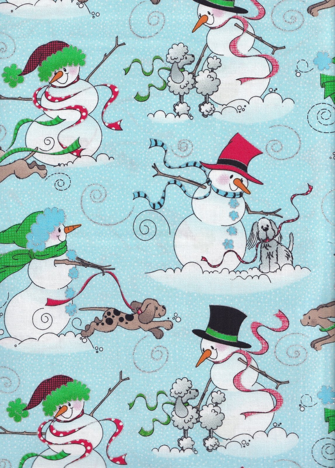 Fabric Traditions Snowman with Dogs Blue Glitter Christmas