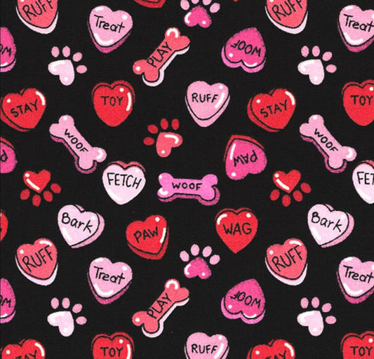 Fabric Traditions Valentine Dog Puppies Pink Bones and Hearts on Black 100% Cotton