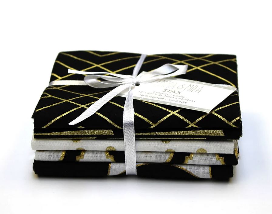 Fat Quarters Set of 5 Black White Gold Metallic Nightfall 100% Cotton Fabric