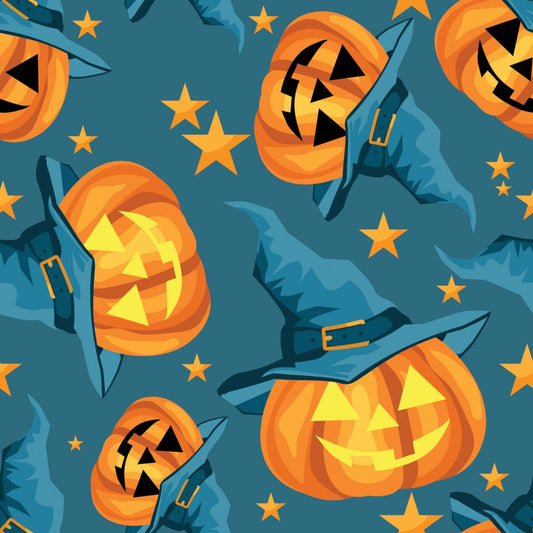 Halloween Fabric Smiling Pumpkins Jack o Lantern on Blue by the yard