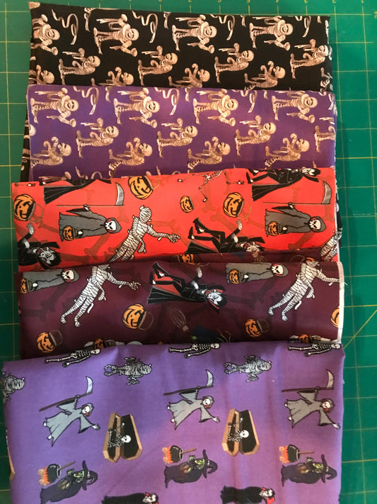 Halloween Monsters 100% Cotton 1 yard Precut Fabric Bundles, 5 pieces