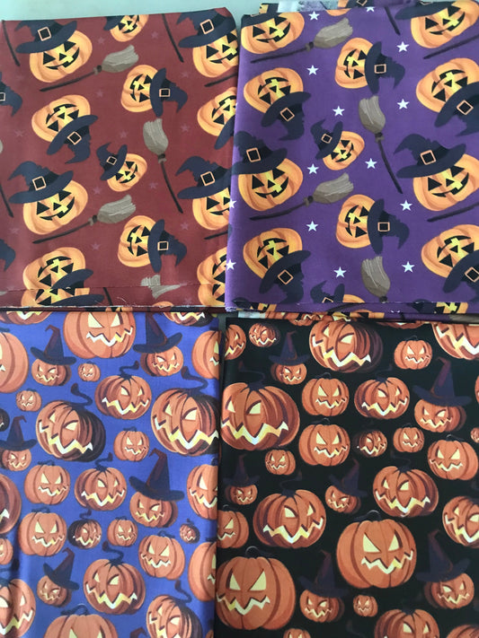 Halloween Pumpkins 100% Cotton 1 yard Precut Fabric Bundles, 4 pieces