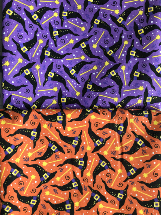 Halloween Witches Hats and Wands 100% Cotton 4 yard Precut Fabric Bundles, 2 Pieces x 2 yards each