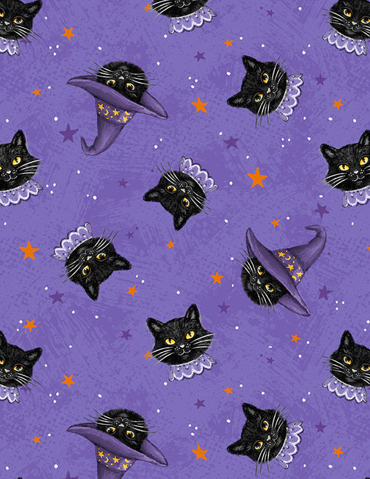 Price per Yard Black Cats on Purple Meow-gical Nights Wilmington Prints 100% Cotton Halloween