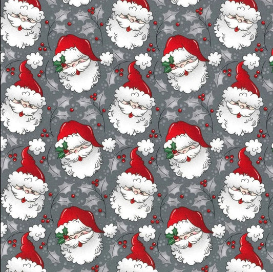 Price Per Yard Christmas Large Santa Heads on Grey Glitter Fabric Traditions 100% Cotton