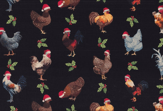 Price per Yard Christmas Roosters Chickens wearing Santa Hats on Black Fabric Traditions 100% Cotton