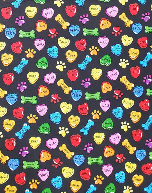 Fabric Traditions Dog Puppies Bones and Hearts on Black 100% Cotton Price Per Yard