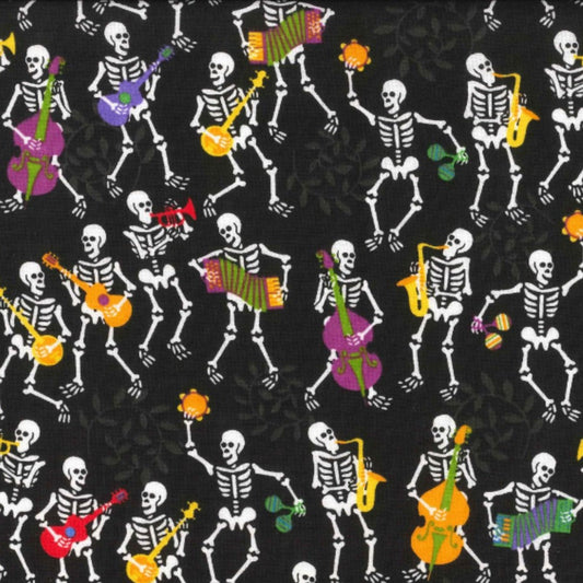 Price per Yard Musical Skeletons on Black 100% Cotton Fabric Halloween