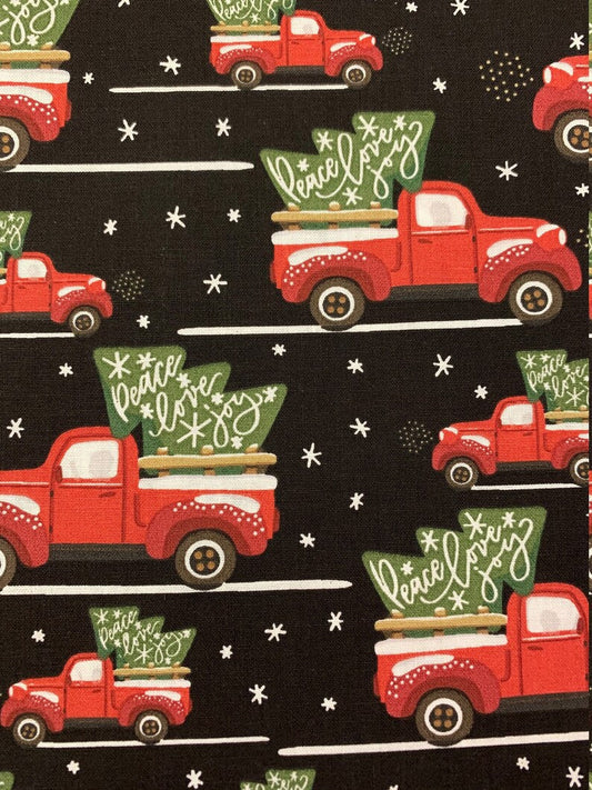 Price Per Yard Peace Love Joy in Vintage Red Truck on Black 100% Cotton Christmas Fabric