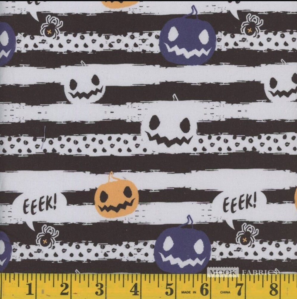 Price per Yard Vintage Pumpkin Stripe Black White 100% Cotton Fabric Halloween