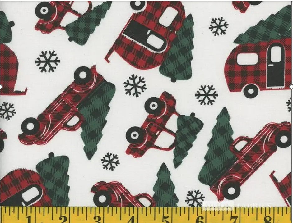 Red Plaid Trucks and Campers on White Christmas Trees 100% Cotton Fabric Price per yard
