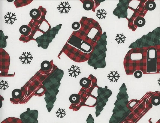 Red Plaid Trucks and Campers on White Christmas Trees 100% Cotton Fabric Price per yard