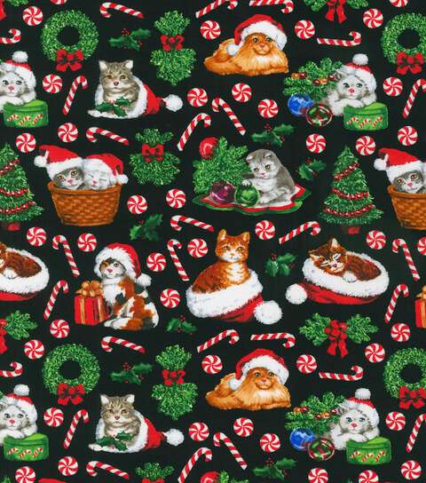 Robert Kaufman Happy Kittens Cats on Black 100% Cotton Price Per Yard