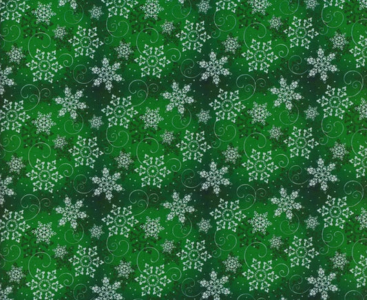 Snowflakes on Blended Green Christmas 100% Cotton Fabric Price per yard