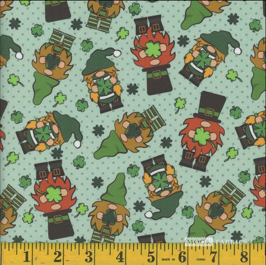 St Patricks Gnomes on Green 100% Cotton Fabric Price per yard