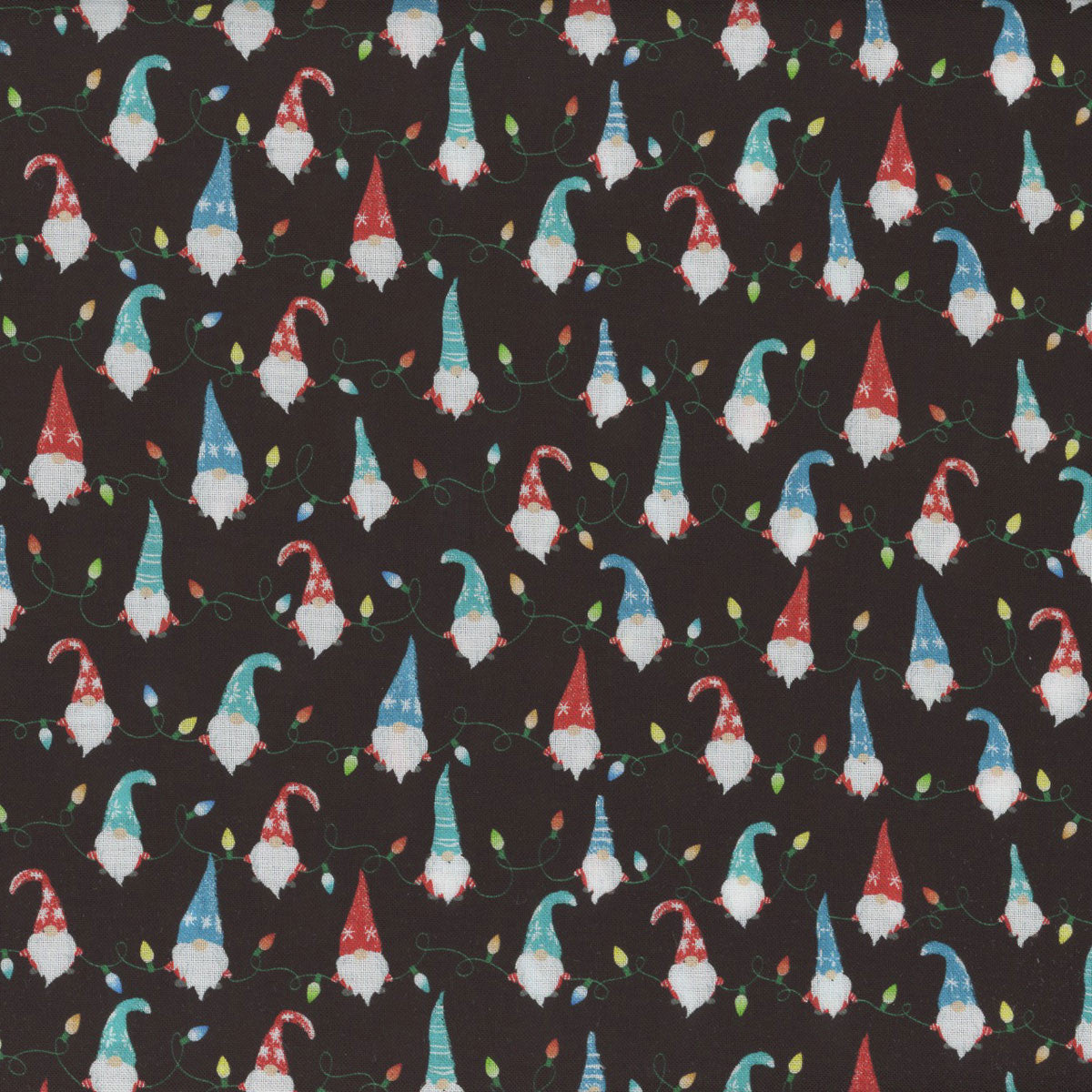 Timeless Treasures Mini Gnome String Lights Black Digital 100% Cotton Fabric Christmas