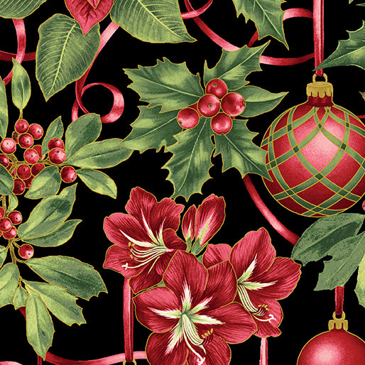 44 x 36 Ornaments Holly Poinsettia Ribbons on Black Benartex Christmas Metallic 100% Cotton Fabric