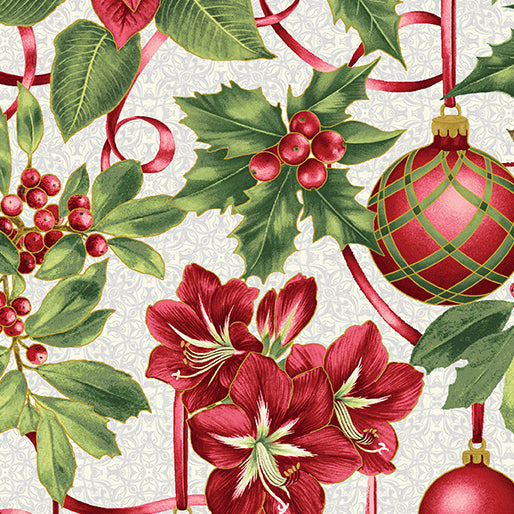 44 x 36 Ornaments Holly Poinsettia Ribbons on Cream Benartex Christmas Metallic 100% Cotton Fabric