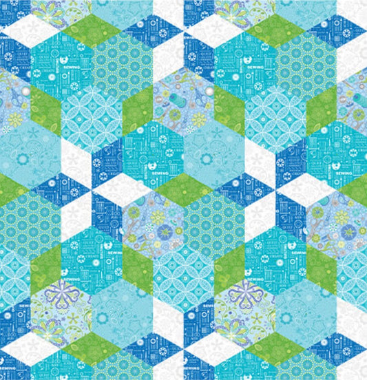 Benartex Sewing Room 2 Hexagons Lake Novelty 100% Cotton Fabric